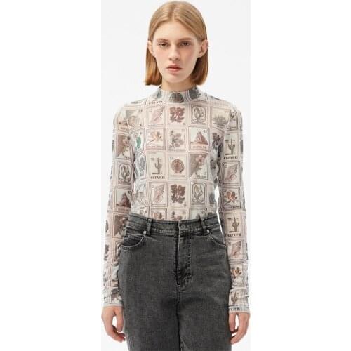 CAR**N all-match retro classic stamp printing design sense of slim long-sleeved T-shirt