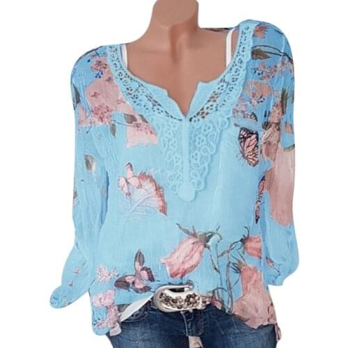 Fashion Women Blouse Butterfly Flower Printed Women Loose Lace V-Neck Long Sleeve Blouse Top Red S-4XL блузка женская 2021
