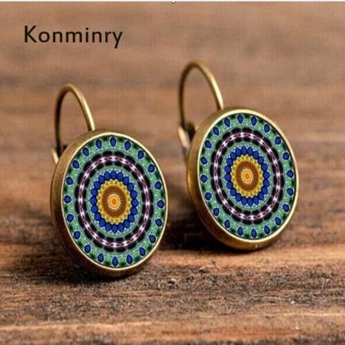 Konminry Bohemia Strong Colors Flower Drop Earrings Glass Mandala Henna Yoga Fashion Earrings For Women Vintage Jewelry