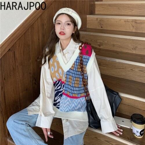 Harajpoo Women Vest Retro V Neck Knitted Waistcoat 2021 New Spring Fall Korean Version Fashion College Style Loose Sweater Tops