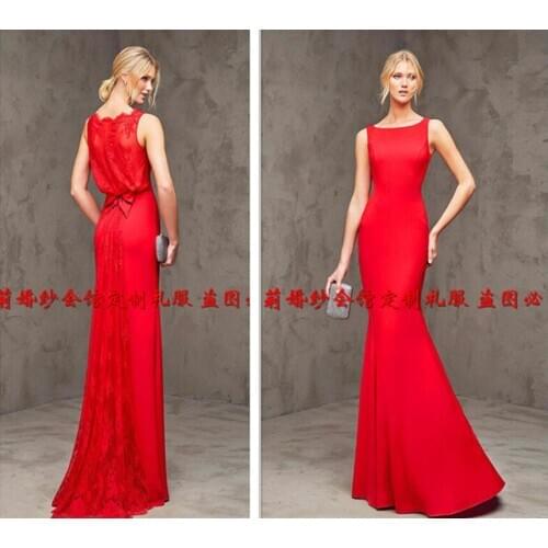 New hot red lace long mermaid Formal Evening gown 2015 vestidos floor-length bow party prom Evening Dress free shipping