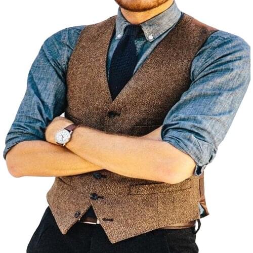 Mens Suit Vest V Neck Herringbone Slim Fit Formal Green/Black/Brown Business Single-breasted Waistcoat Groomman For Wedding Vest