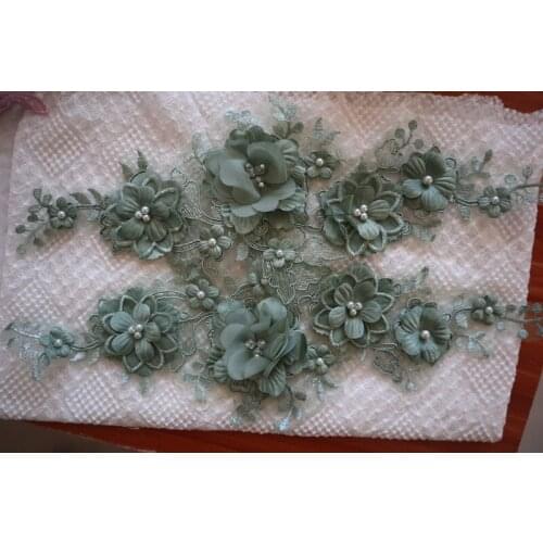 10 pieces green 3D lace applique, ivory white 3D flowers beaded appliques for bridal dress sewing accessories