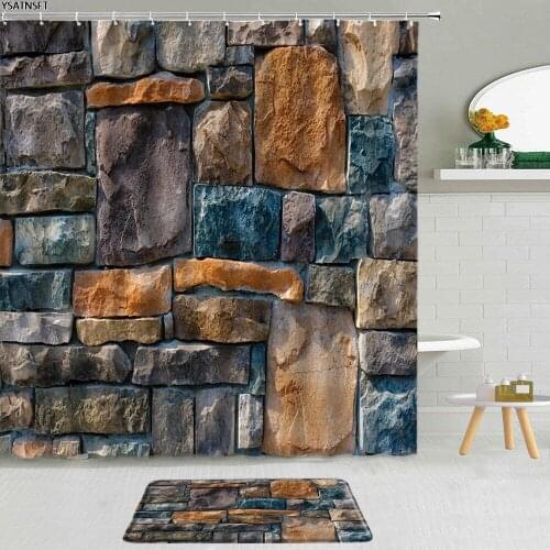 2Pcs Retro Stone Brick Wall Shower Curtain Bathroom Hanging Curtains Fabric Non-Slip Bath Mat Decor Set 3D Printing Washable