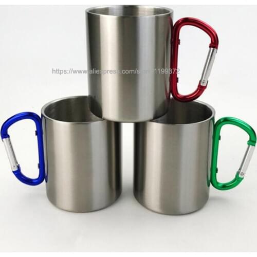 200pcs Free Shipping 220ml Stainless Steel Outdoor Coffee Mug Camp Mug Double Wall Camping Cup Carabiner Hook Handle Cup Mug 11