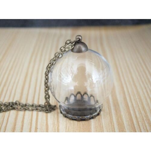 30x20mm Mini round ball glass globe bronze flower base set Transparent vial pendant,with chain,glass bottle pendant