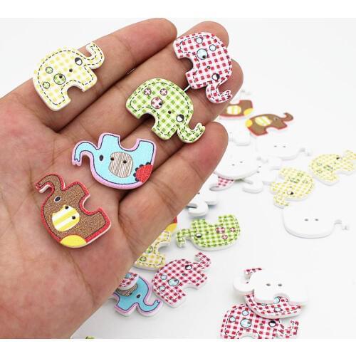 50PCs Mixed 2 Holes 23*29mm Elephant Shape Wooden Buttons Sewing printed button Sewing Scrapbooking Crafts accessories botones