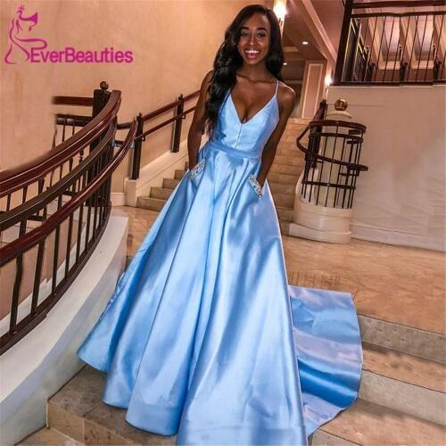 Vestidos De Gala V-Neck Prom Dresses 2020 with Pockets Satin Spaghetti Straps Prom Gown Robe De Soiree