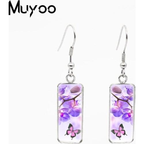 Butterflies and Flowers Art Pattern Square Pendants Jewelry Hook Earrings Beauty Butterfly Stainless Steel Pendant Hook Earrings