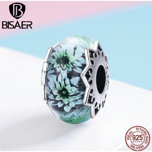 BISAER High Quality 925 Sterling Silver Cyan Flower European Glass Beads Perles fit Charms Bracelets DIY Jewelry Making ECC1011