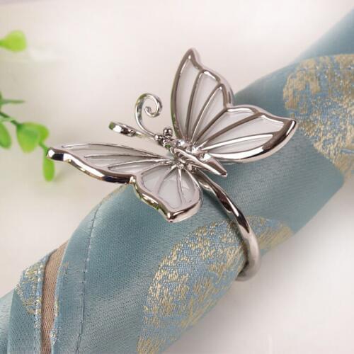 Shiny Silver Gold Plating Seashell with Clear Rhinestones Jeweled Butterfly Design Metal Alloy Napkin Rings Set of 6 Pieces