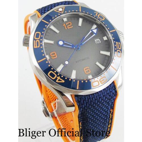 BLIGER Dress Orange 41mm Mechanical Wristwatch Nologo Grey Dial Rotating Bezel DG Movement Rubber Strap