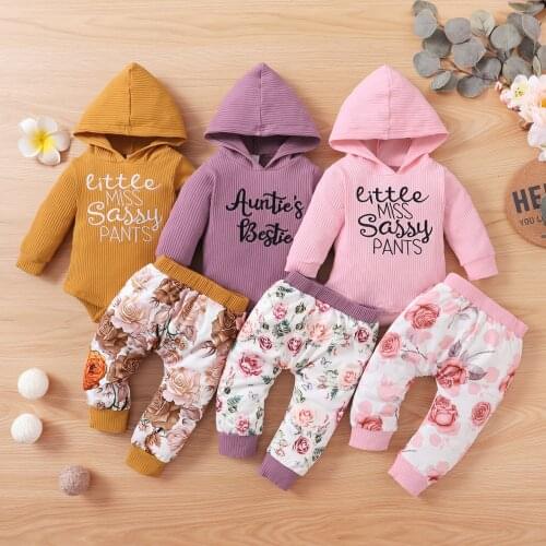 2PCS Princess Baby Girls Clothes Set Letter Print Ribbed Cotton Long Sleeve Hooded Jumpsuit+Floral Print Trousers Infant Outfit