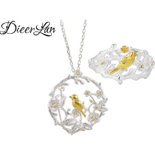 DIEERLAN Fashion Animals Jewelry Sets 925 Sterling Silver Bird Branch Necklaces Ring for Women Statement Bridal Wedding Party