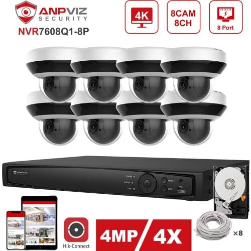 Hikvision OEM 8CH 4K NVR 4/6/8pcs 4MP 4X PTZ Camera IP Security System IP Camera Indoor/Outdoor IP66 Plug & Play Hik-Connect APP