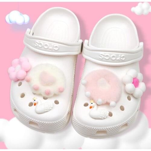 Hot Sale Croc Charms Accessories for Girl Cute Plush White Powder Cat Claw Swan Small Flower Shoe Buckle Shoe Designer