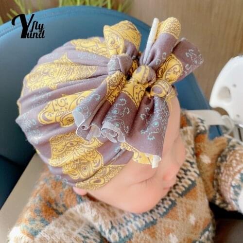 Yundfly Fashion Warm Polyester Cotton Toddler Hats Vintage Print Bowknot Baby Cap Newborn Headwear Clothing Decoration Kids Gift