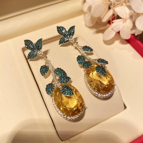 Fashion Green Leaf And Yellow Cubic Zirconia Vintage Luxury Drop Earring For Women Jewelry Pink Barbie Powder Tassel Crystal