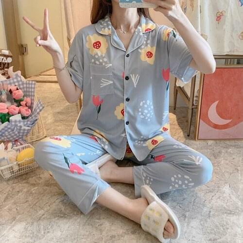 New Sale Women Home Wear 2021 Spring Summer Short Sleeve Women Pajamas Set Long Pant Pyjamas Sets Cotton Leisure Sleepwear Set