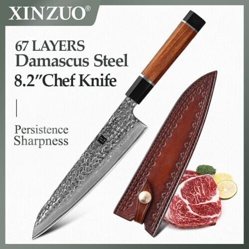 XINZUO 8.2'' Chef Knife with Leather Cover Japanese VG10 Damascus Steel Kitchen Knife Chef Knife Cooking Vegetable Cutting Tool