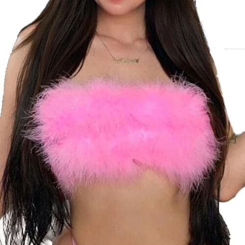 Sexy Fashion Women Girls Sleeveless Pink/Black/White Slim Fit Skinny Plush Fake Fur Patchwork Crop Tops Camis