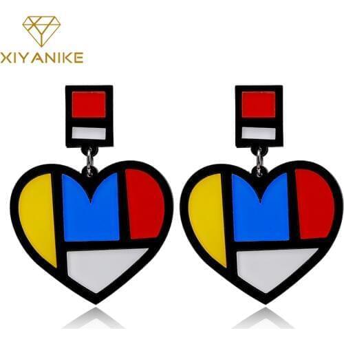 XIYANIKE Colorful Exaggerated Fashion Acrylic Hit Color Heart Drop Earrings Contracted Joker Long Women Pendant Earrings Jewelry