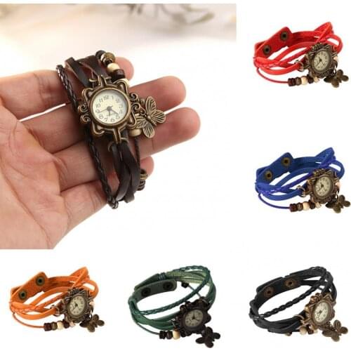 Women’s Retro Faux Leather Bracelet Butterfly Decoration Quartz Wrist Watch Women Watches Bracelet Chain Couple Bracelets Gifts