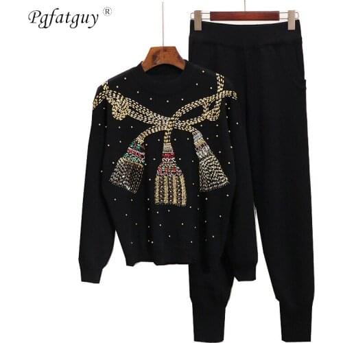 Women Sweater Two Piece knitted Sets Slim Tracksuit 2020 Spring Autumn Fashion Heavy Nail Beads Sweatshirts Sporting Suit Female