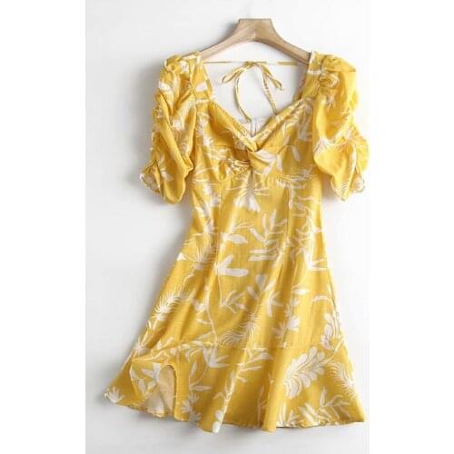 Vintage puff sleeve yellow dress women v neck short sleeve summer dress knot high waist short dress vestidos mujer