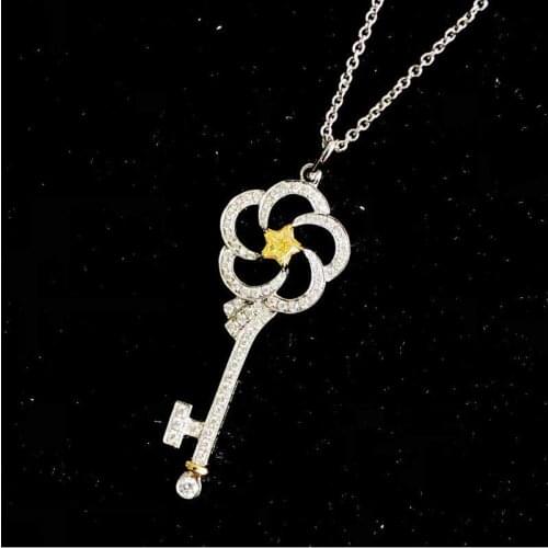 QTT Sterling Silver 925 Womens Necklace Key Shape CZ Pendant Charms Necklaces Elegant Engagement Anniversary Party Gift