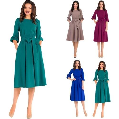 Summer Autumn Women Dress 2021 Solid Color High Waist A Line Ladies Midi Dresses Casual Puff Sleeve Vintage Dress Women Dropship