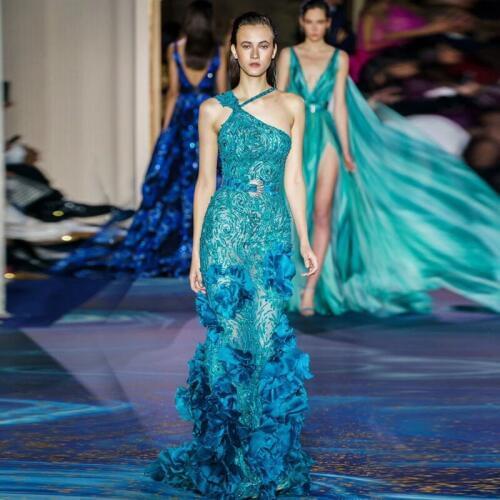2019 Latest Fashion Runway Dress Jade Blue Floral Dress Elegant One Shoulder Sequin Maxi Dress Celebrity Evening Party Vestidos