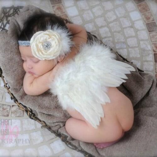 New Fashion Newborn Baby Kids Feather Lace Headband & Angel Cute Wings Flowers Photo 2 PCS Set Props Newborn Photography Props