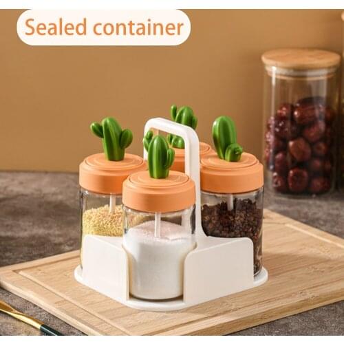 4PCS Seasoning Jar With Tray Sealed Square Glass Container Jar Multifunction Seasoning Bottle Kitchen Storage Seasoning Jar