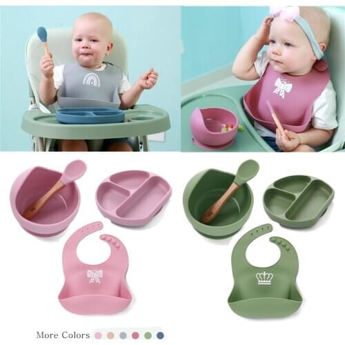 4pcs Baby Feeding Set Tableware Baby Bowl Dishes Plate Wooden Spoon Sucker Silicone Tray Bibs Dinnerware Learning Dishes Set