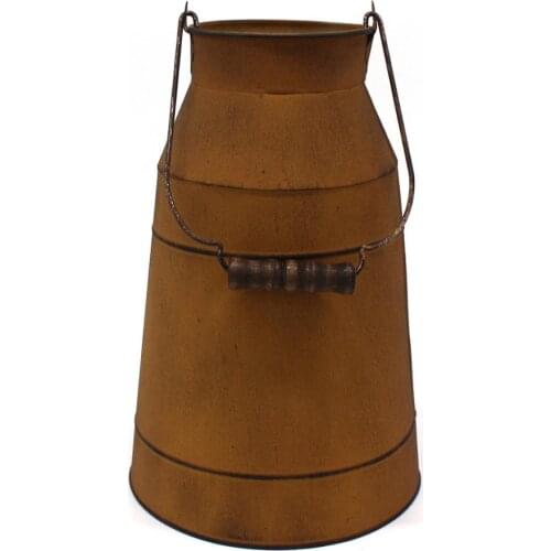 10 Inch Rusty Milk Can with Wooden Handle, Farmhouse Rustic Primitives Metal Pitcher Jug Vase for Home and Garden Decor