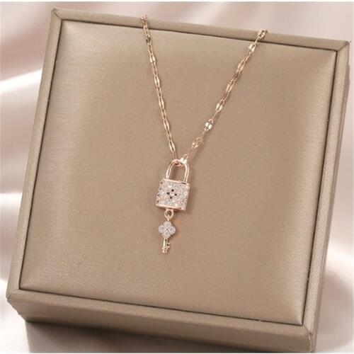316L Stainless Steel Lip Chain Full Zircon Crystal Lock And Key Pendant Necklace Bijoux Inox Parures Bijoux