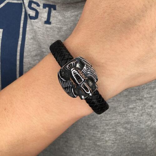 Punk Black Men Leather Bracelet Male Wrist Band Stainless Steel Eagle Magnetic Clasp Charm Bracelets Bangles Fashion Gifts 790