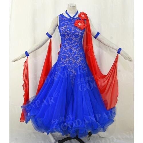 GOODANPAR Sexy Lace Lycra Sleeveless Women Ballroom Dance Dress for Competition With Bodysuit Bra Cups Waltz Standard Dance Wear