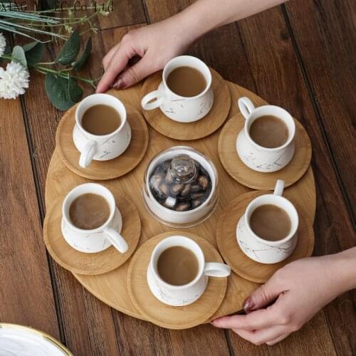 Creative Ceramic Coffee Cup and Saucer with Chassis Mini Espresso Cup Afternoon Tea Cup Black Gold Pattern 80ml Mug Wooden Stand