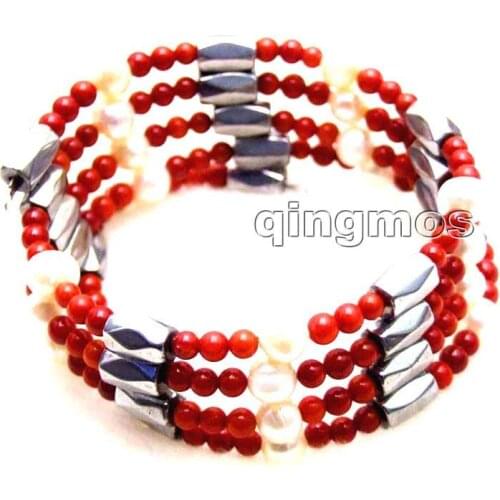 SALE 3-4mm Red Coral and 6-7mm White Pearl & White Hematite Magnetic 29'' Bracelet -nec6060 Wholesale/retail Free ship