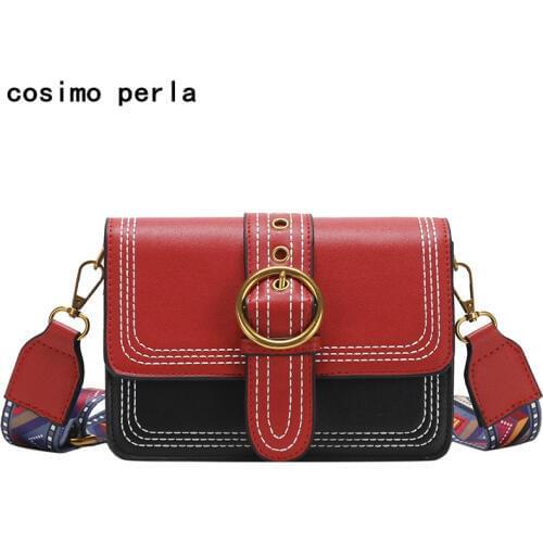 Fashion Hit Color Leather Handbag Retro Crossbody Bag for Women 2021 Metal Ring Lock Korea Wide Shoulder Strap Small Square Bags