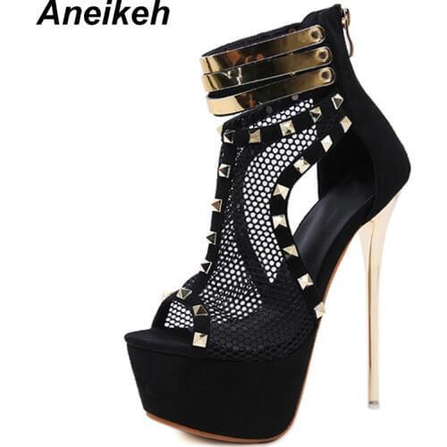 Aneikeh 2020 Mesh Fashion Women Rivets Platforms Boots Square High Heels Shoes Zip Open toe Sexy Boots Solid Party Size 34-40