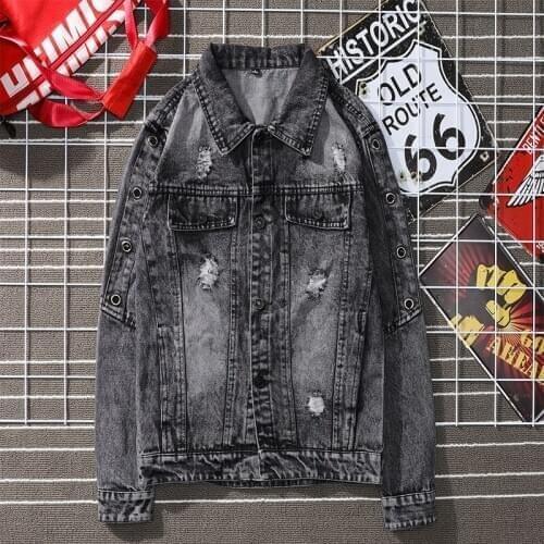 Retro Black Top Men Ripped Denim Jacket Autumn Distressed Trend New 2020 Long-sleeved Denim Jacket Male Fashion Streetwear