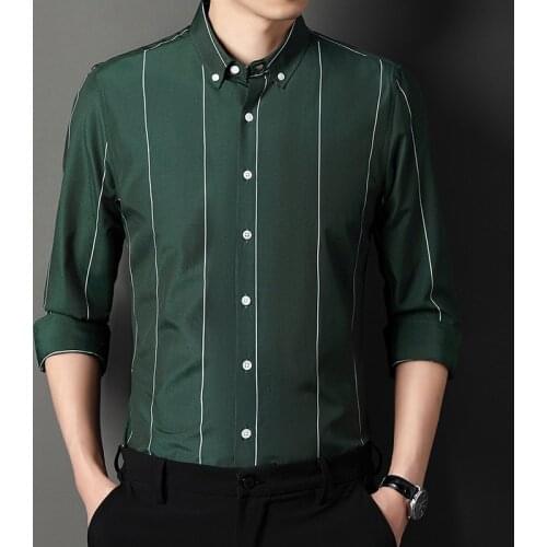 Handsome Casual Business Men Shirt Brand Fashion Slim Fit Cotton Long Sleeve Office Striped Dress Shirts White Black Blue
