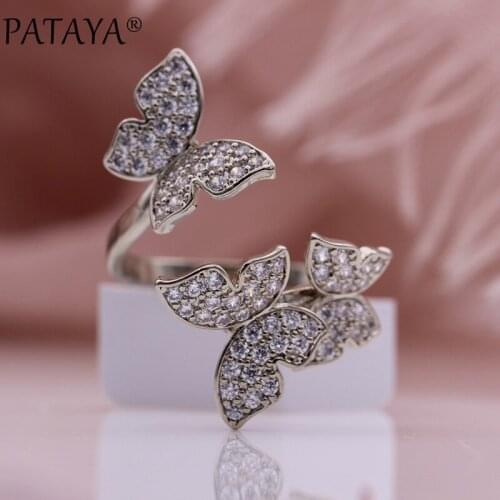 PATAYA New White Gold Natural Zircon Women Open Rings Three Small Butterfly Cute Rings Wedding Party Gift Retro Fashion Jewelry
