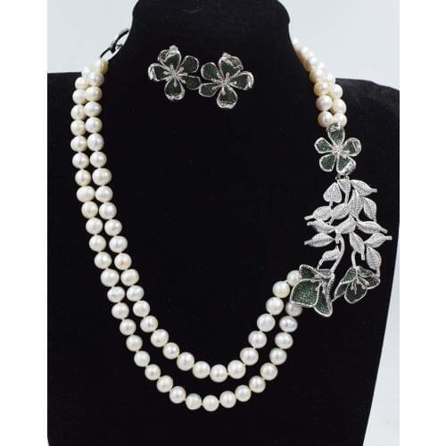 One set 2rows freshwater pearl white near round 8-9mm necklace earrings 18-19inch wholesale FPPJ green zircon flower