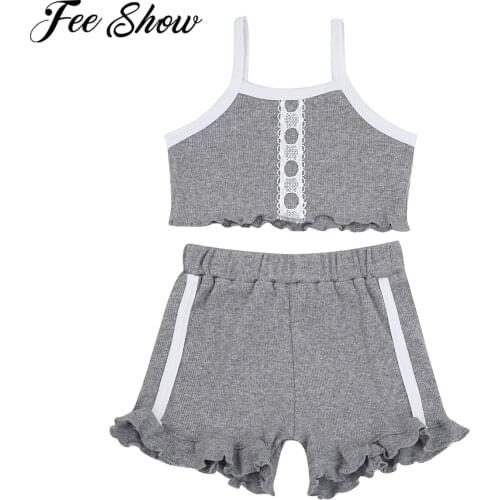 Newborn Infant Baby Girl Sleeveless Solid Strap Knitted Vest Crop Tops+Ruffles Shorts Pants Outfits Set Baby Ribbed Clothes Suit