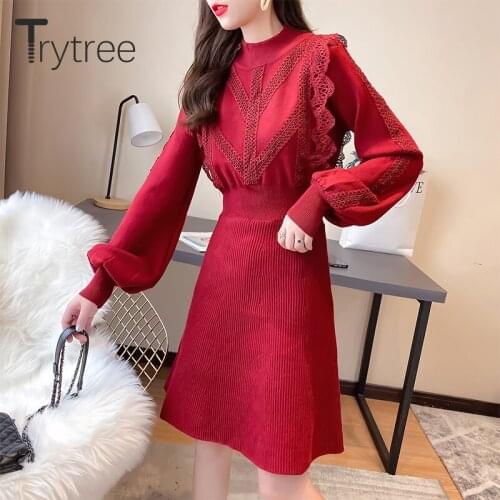 Trytree 2020 Autumn Winter Women Dress Casual Elastic Knitting Lace Dress Turtleneck Puff Sleeve Solid 2 Color Office Lady Dress
