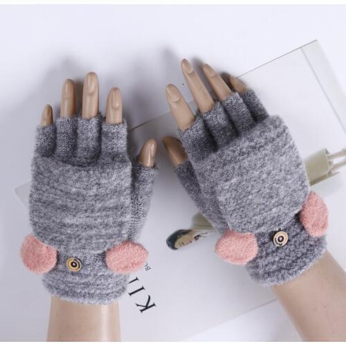 Lovely Female Winter Knit Warm Half Finger Clamshell Gloves Women Student Cute Rabbit Ears Two Uses Mitten Cycling Gloves A47